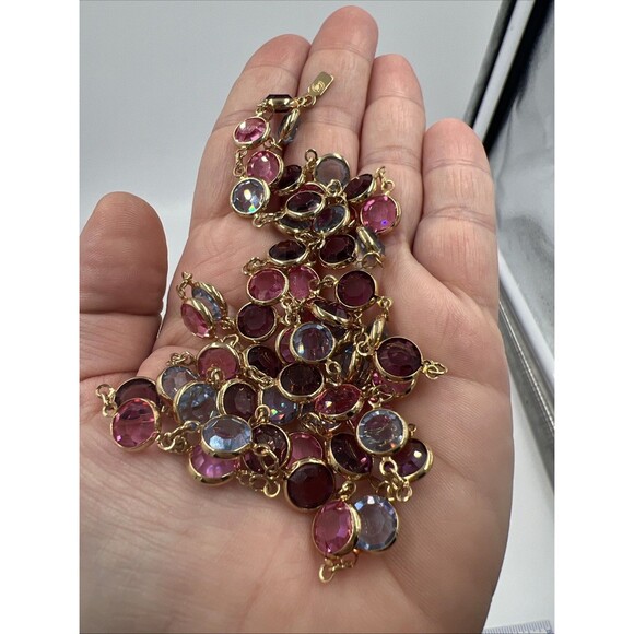 Swarovski Necklace Gold Plate Purple Pink Blue White Crystals 36" Swan Hang Tag - Picture 7 of 8